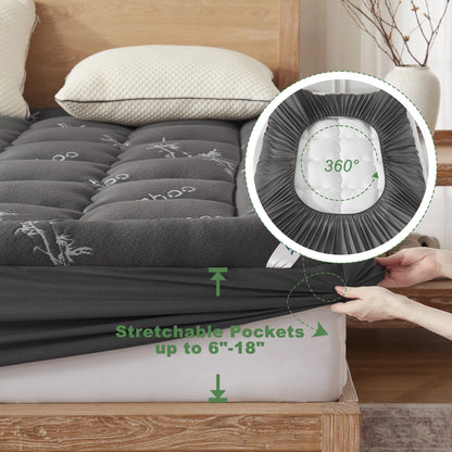 Summerwins【Bedlore】Bamboo Cooling Mattress Topper with Fitted Sheet, Thick Luxury Comfort Layer, Breathable & Soft on Skin, Deep Pocket Design, Machine Washable, Ideal for Bedroom & Home Use