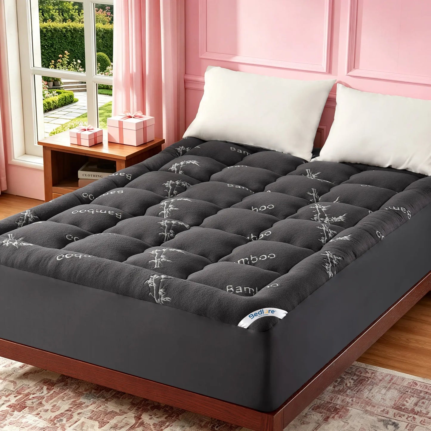 Summerwins【Bedlore】Bamboo Cooling Mattress Topper with Fitted Sheet, Thick Luxury Comfort Layer, Breathable & Soft on Skin, Deep Pocket Design, Machine Washable, Ideal for Bedroom & Home Use