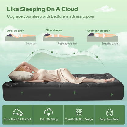 Summerwins【Bedlore】Bamboo Cooling Mattress Topper with Fitted Sheet, Thick Luxury Comfort Layer, Breathable & Soft on Skin, Deep Pocket Design, Machine Washable, Ideal for Bedroom & Home Use