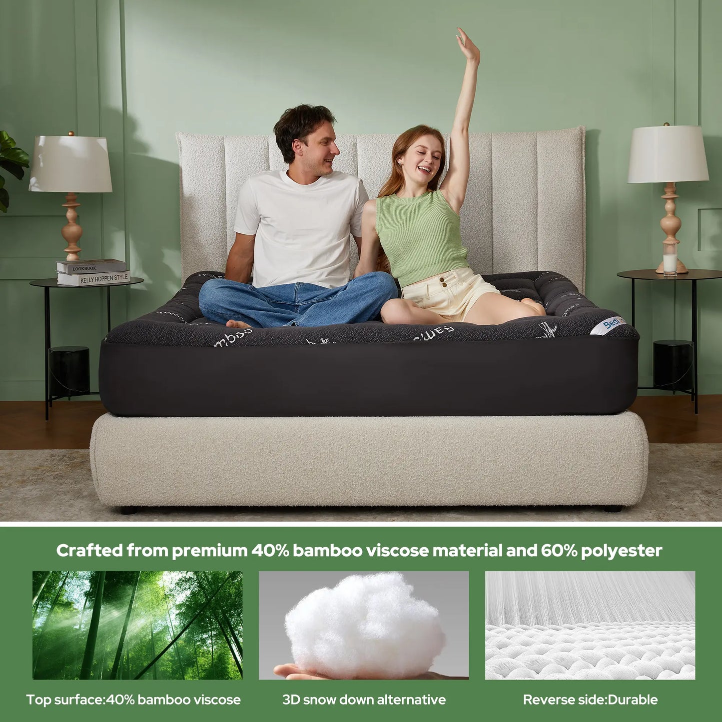 Summerwins【Bedlore】Bamboo Cooling Mattress Topper with Fitted Sheet, Thick Luxury Comfort Layer, Breathable & Soft on Skin, Deep Pocket Design, Machine Washable, Ideal for Bedroom & Home Use